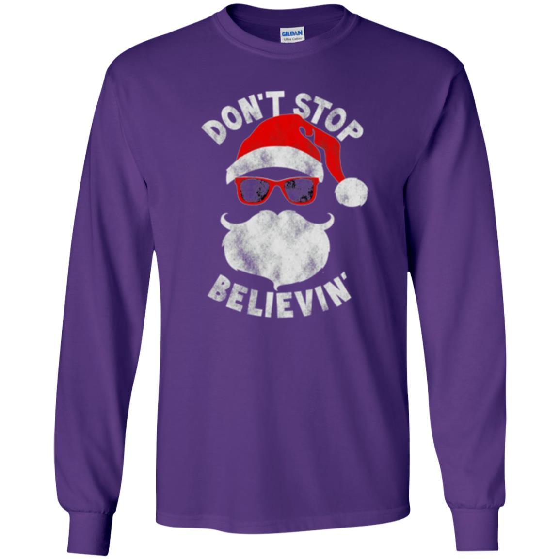 Christmas T-shirt Don't Stop Believing Cool Shades Santa Purple
