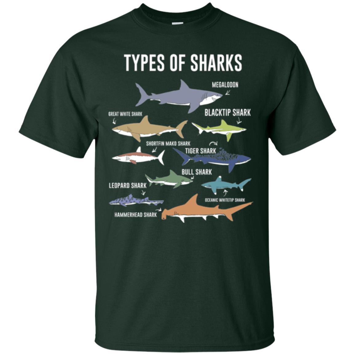Shark Lovers T-shirt 9 Types Of Sharks Ocean Forest Green