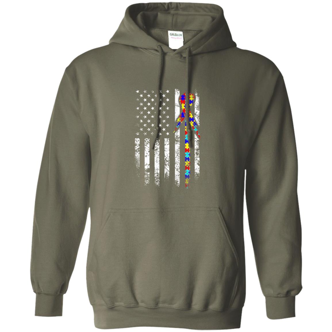 American Flag Distressed Autism Awareness T-shirt Military Green