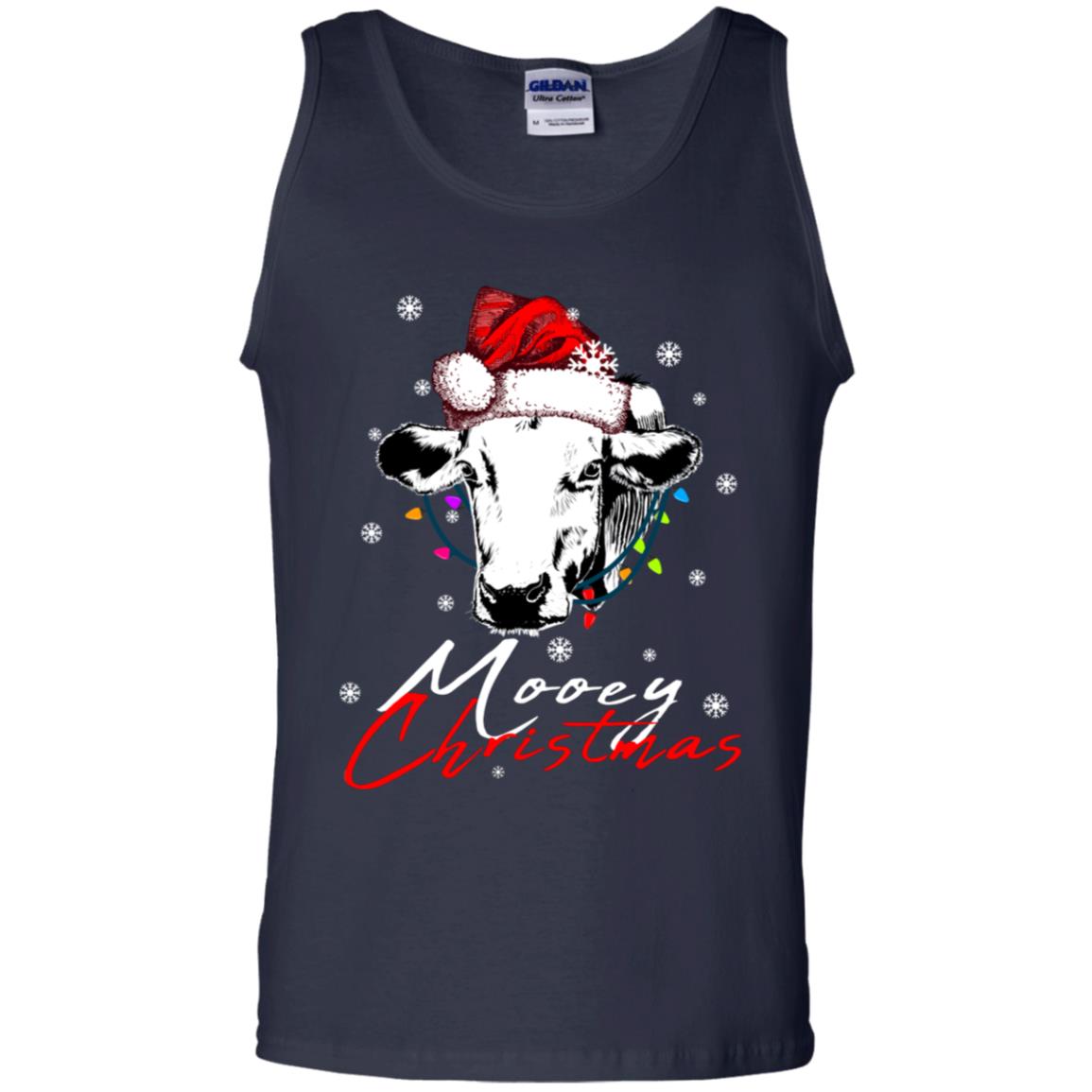 Mooey Merry Christmas X-mas Cow With Santa Hat And Lights Gift Shirt Navy