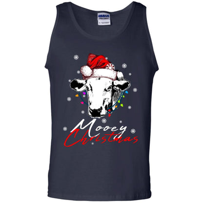 Mooey Merry Christmas X-mas Cow With Santa Hat And Lights Gift Shirt Navy