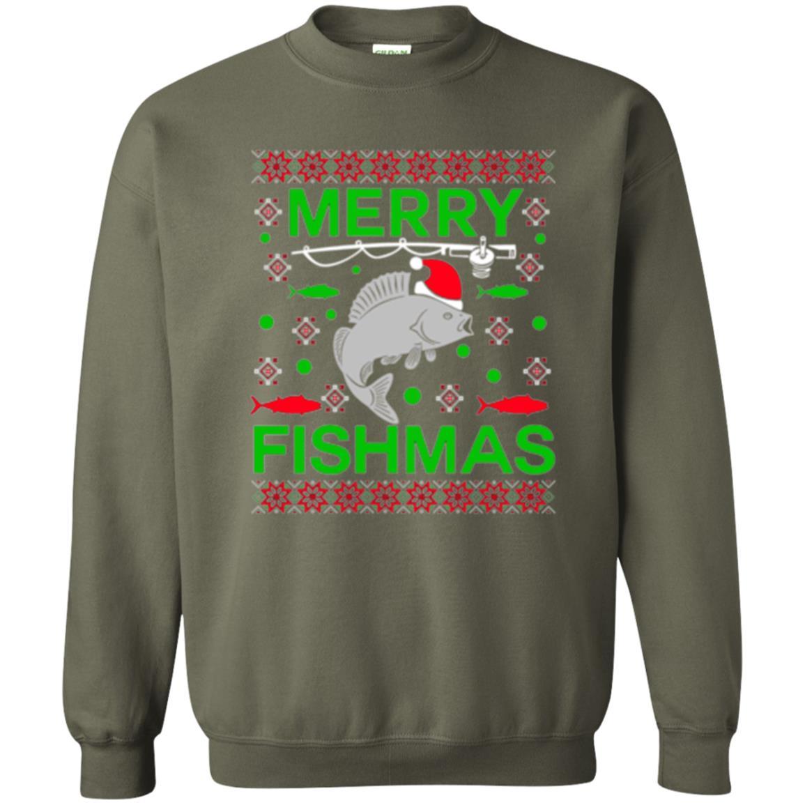 Christmas T-shirt Merry Fishmas Merry Christmas Fisherman Military Green