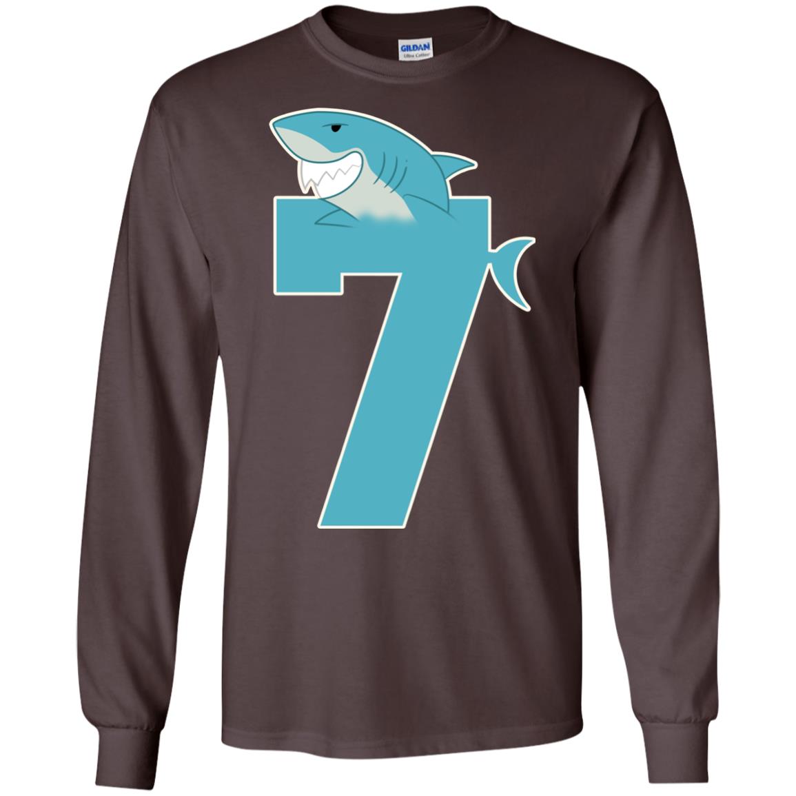 7th Birthday Shark Party Shirt Dark Chocolate