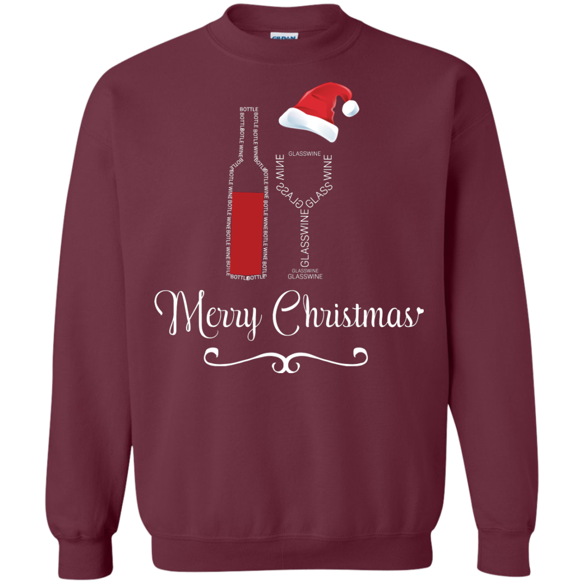 Christmas T-shirt Merry Christmas With Wine Botle And Glass Wine Maroon