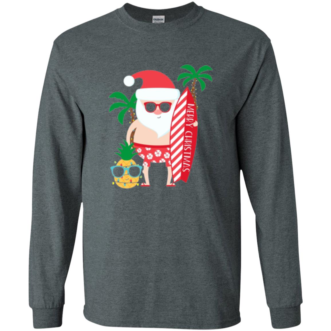 Christmas T-shirt Santa Claus Surfing Hawaiian Dark Heather