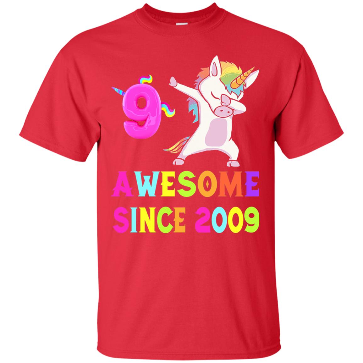 Unicorn Dabbing Awesome Since 2009 9th Birthday T-shirt Red