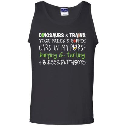 Dinosaurs And Trains Yoga Pants And Coffee Cars In My Purse Buring Farting Mom Of Boys Shirt Black