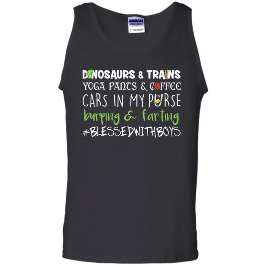 Dinosaurs And Trains Yoga Pants And Coffee Cars In My Purse Buring Farting Mom Of Boys Shirt Black
