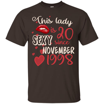 This Lady Is 20 Sexy Since November 1998 20th Birthday Shirt For November Womens Dark Chocolate