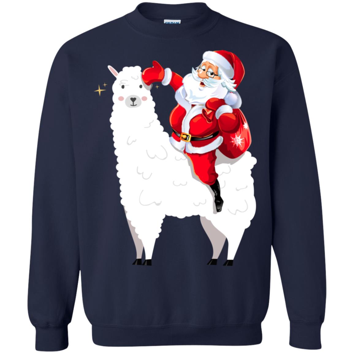 Alpaca Llama And Santa Claus X-mas Gift Shirt Navy