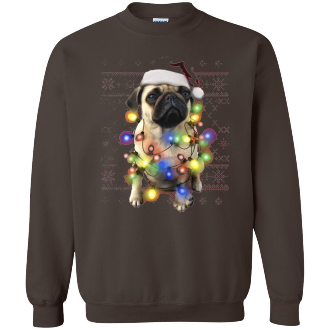Dog Lover T-shirt Ugly Sweater Photoreal Christmas Lights Pug Graphic Dark Chocolate