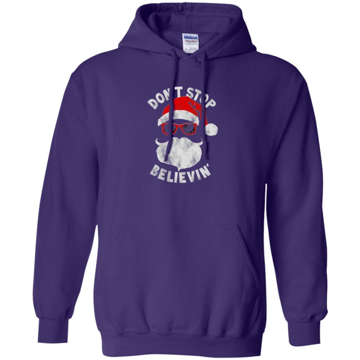 Christmas T-shirt Don't Stop Believing Cool Shades Santa Purple