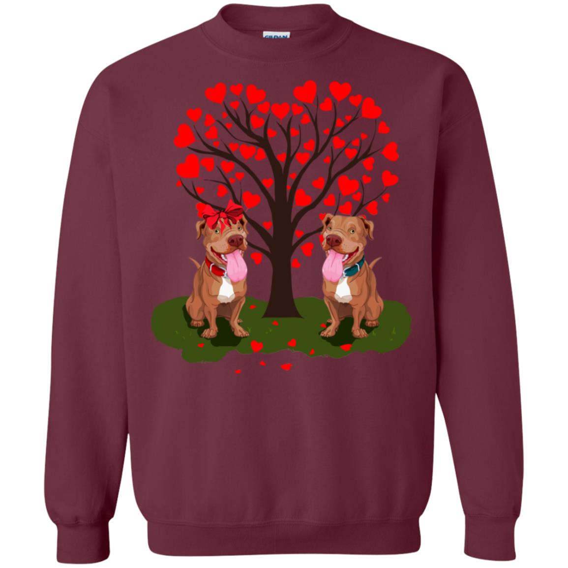 Valentine Pitbull Couple Heart Tree Shirt Maroon