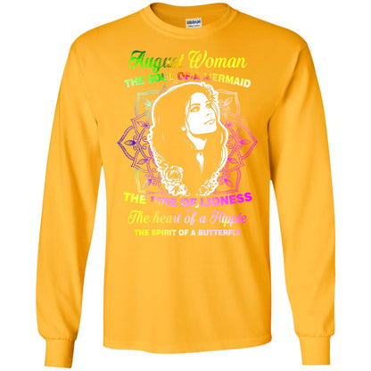 August Woman Shirt The Soul Of A Mermaid The Fire Of Lioness The Heart Of A Hippeie The Spirit Of A Butterfly Gold