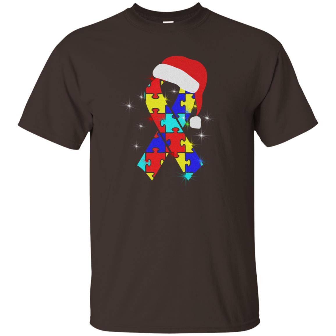 Autism Puzzle Ribbon Santa Hat X-mas Gift Shirt Dark Chocolate