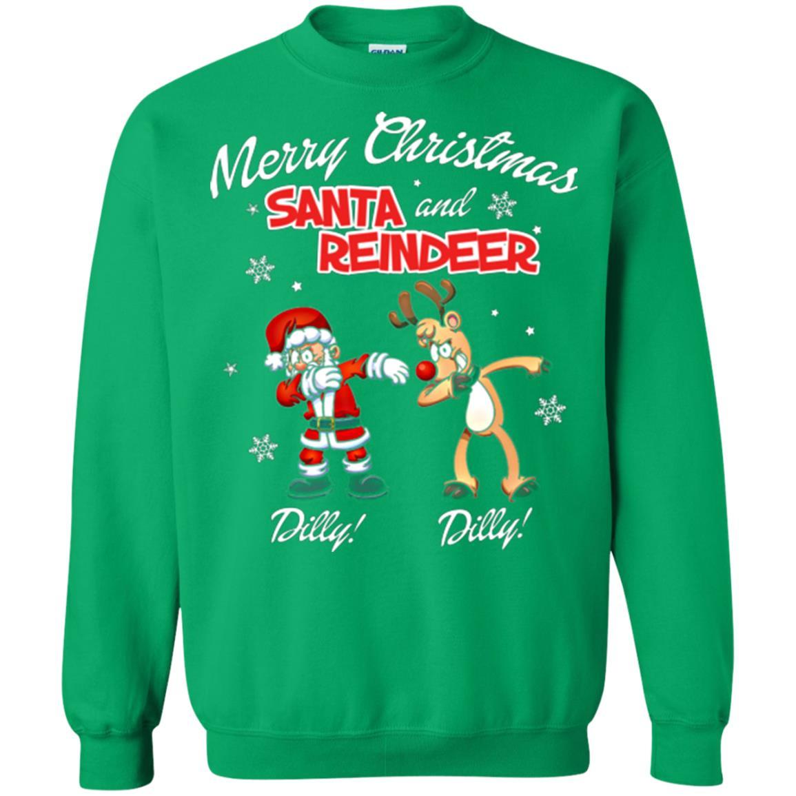 Christmas T-shirt Merry Christmas Santa And Reindeer Dilly Dilly Irish Green