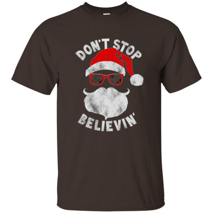 Christmas T-shirt Don't Stop Believing Cool Shades Santa Dark Chocolate