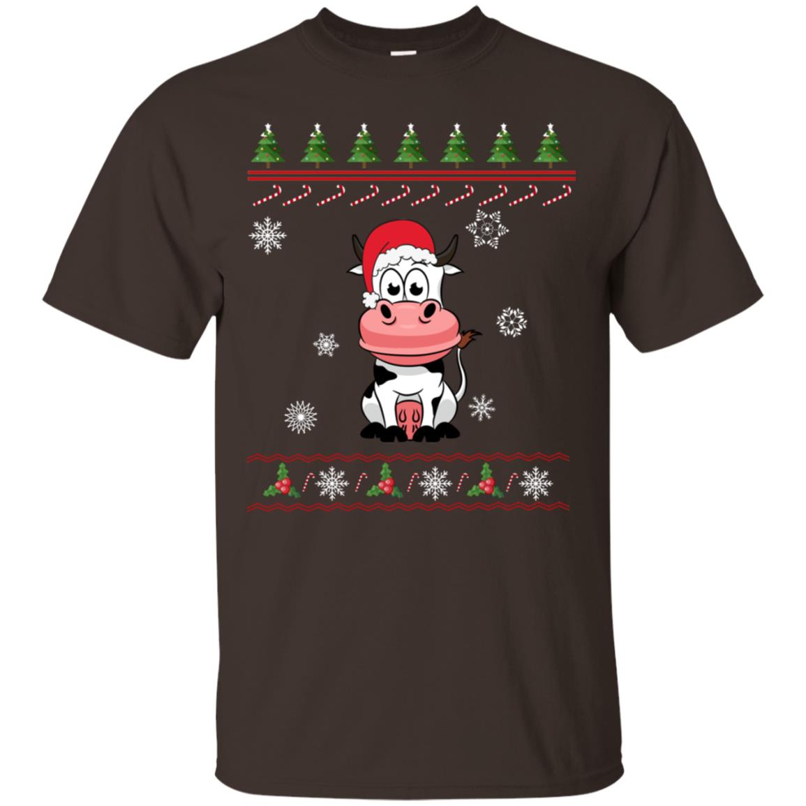 Milch Cow With Santa Hat Merry X-mas Ugly Christmas Gift Shirt For Mens Womens Kids Dark Chocolate