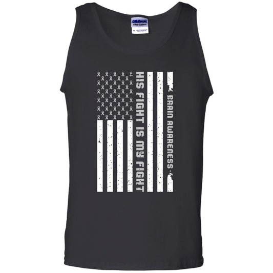 Brain Awareness His Fight Is My Fight Grey Ribbon Stars Flag Of Usa Shirt Black