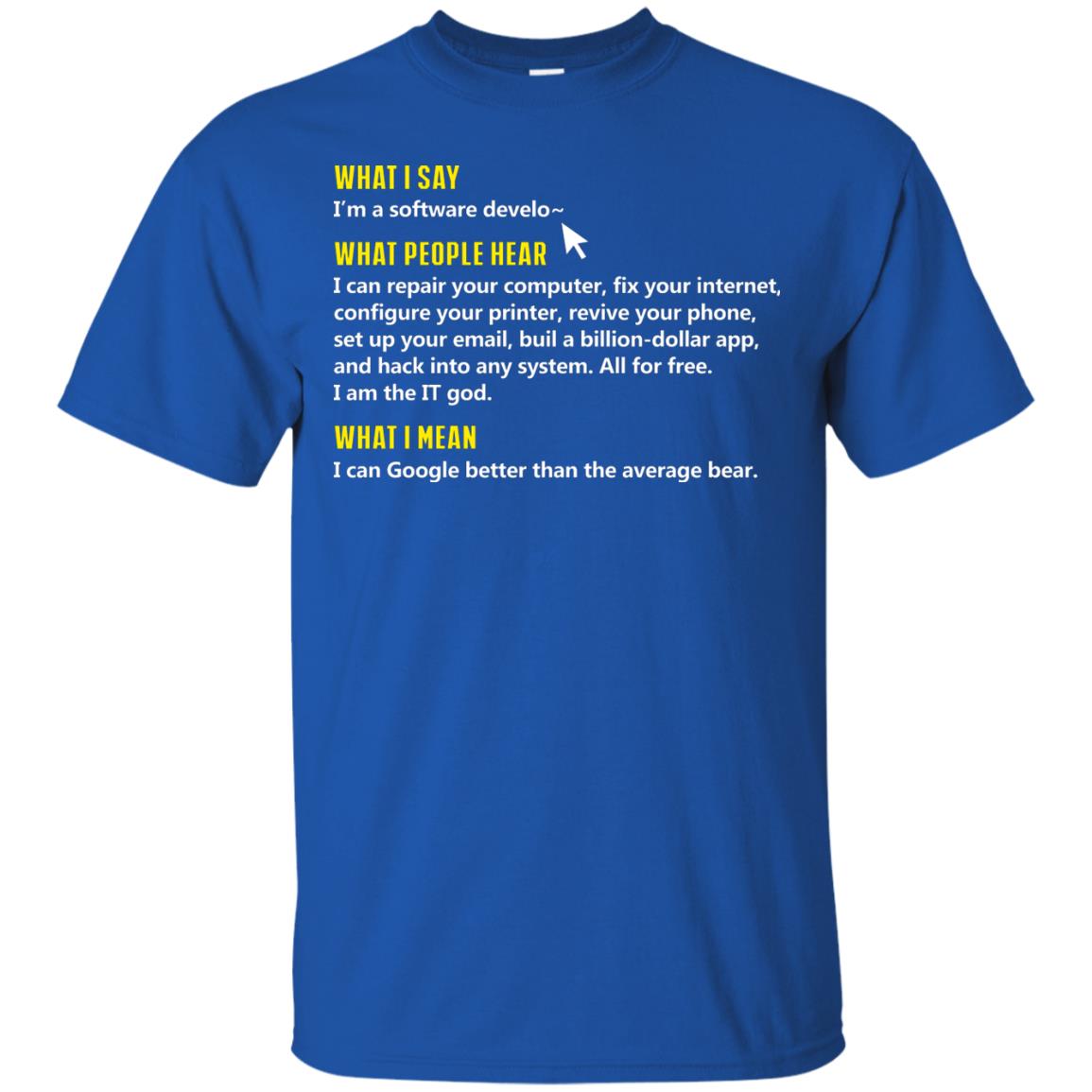 What I Say I_m A Software Develop What People Hear Shirt Royal