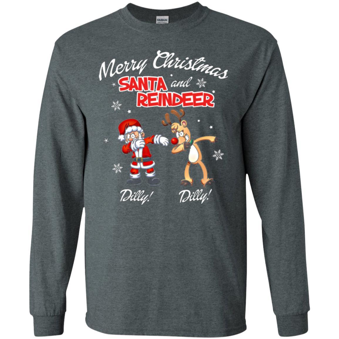 Christmas T-shirt Merry Christmas Santa And Reindeer Dilly Dilly Dark Heather