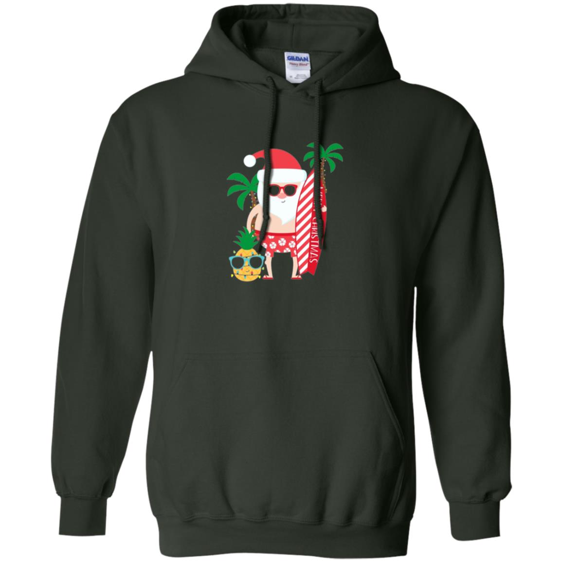 Christmas T-shirt Santa Claus Surfing Hawaiian Forest Green