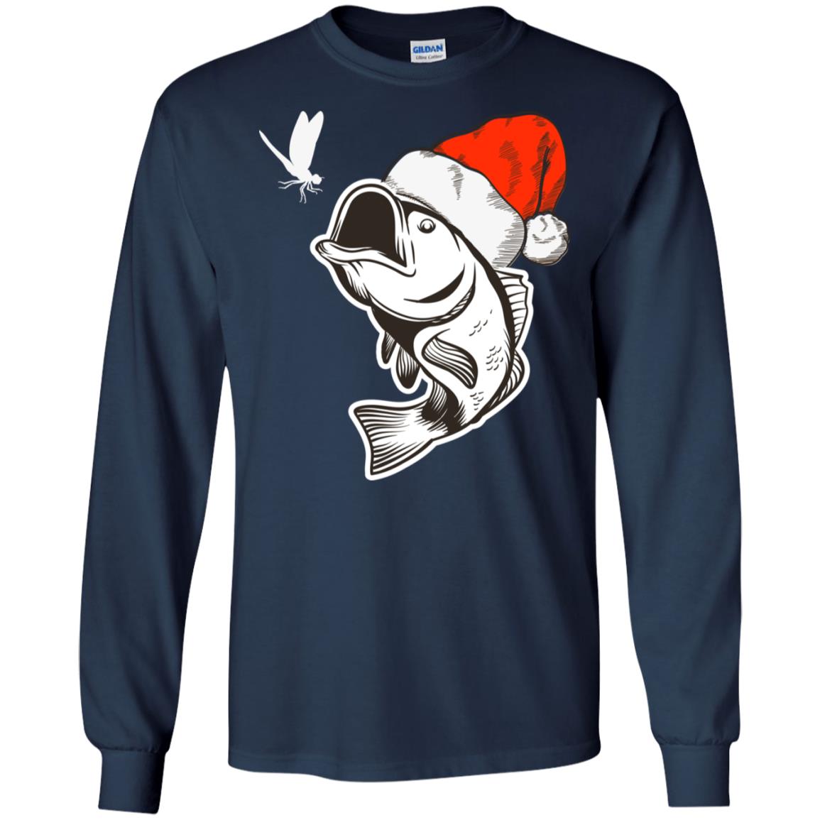 Bass Fishing Santa Hat Christmas Gift Shirt For Fishing Lovers Navy