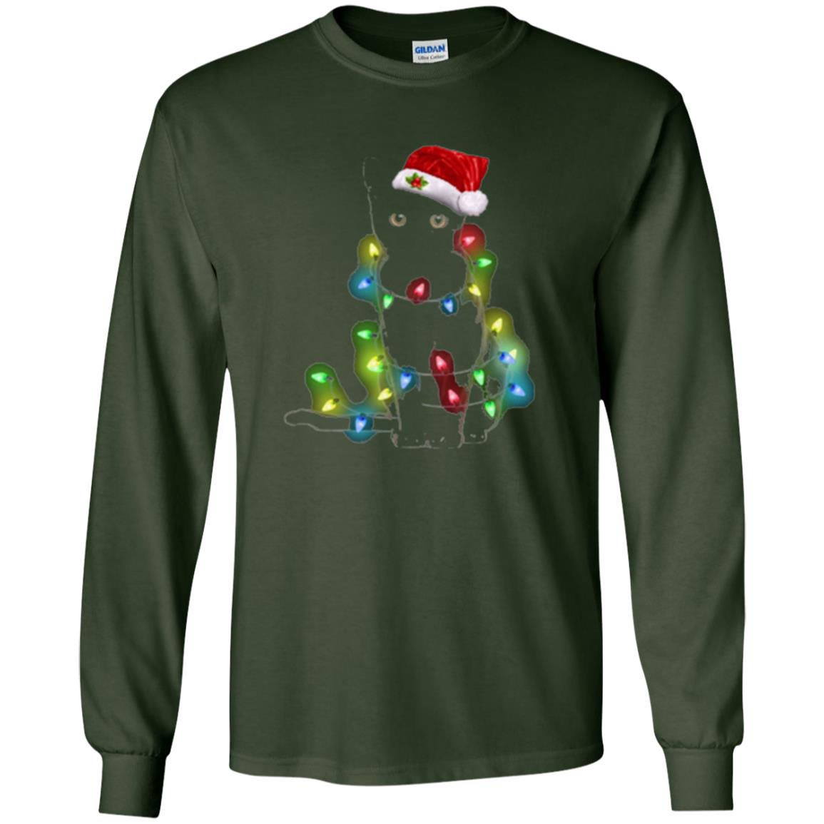 Christmas T-shirt Cat And Lights Forest Green