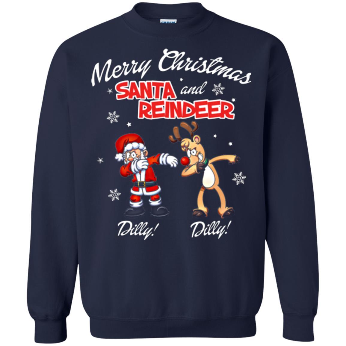 Christmas T-shirt Merry Christmas Santa And Reindeer Dilly Dilly Navy