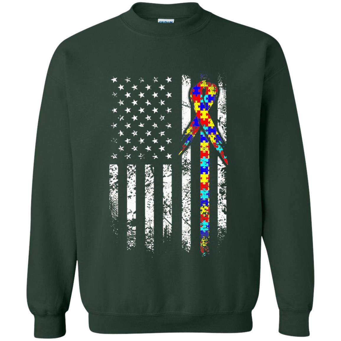 American Flag Distressed Autism Awareness T-shirt Forest Green