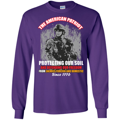 Military T-Shirt The American Patriot Protecting Our Soil And Defending Our Freedom From Enemies Foreign And Domestic Since 1776 Purple