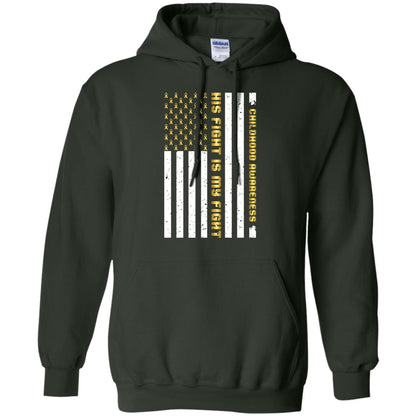 Childhood Awareness His Fight Is My Fight Gold Ribbon Stars Flag Of Usa Shirt Forest Green