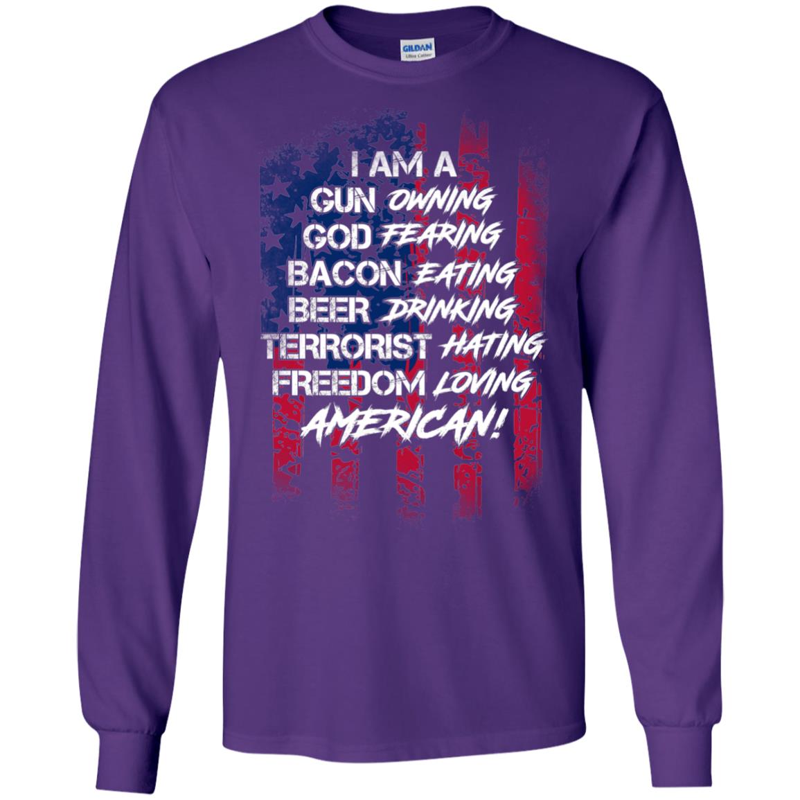 Military T-shirt I Am A Gun Owning God Fearing Bacon Eating Purple