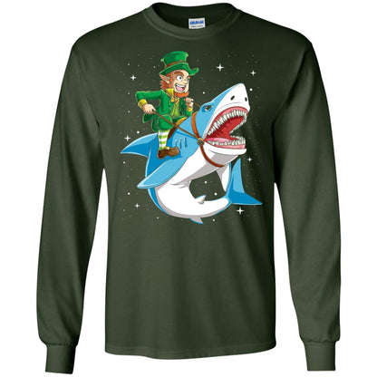 Leprechaun Riding Shark St Patricks Day T-shirt Forest Green