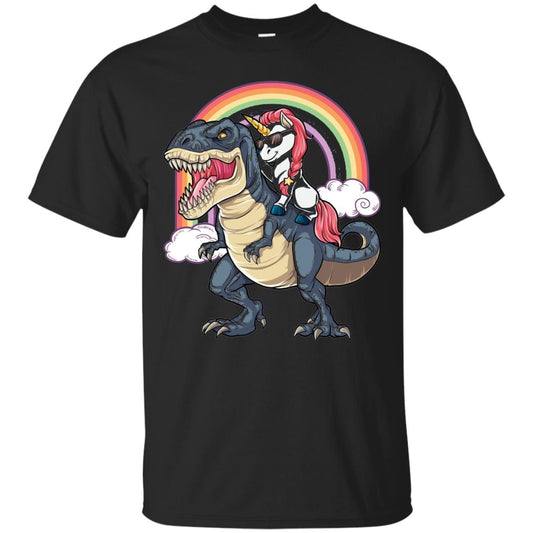 Unicorn Riding Dinosaur Unicorns Rainbow T-shirt Black