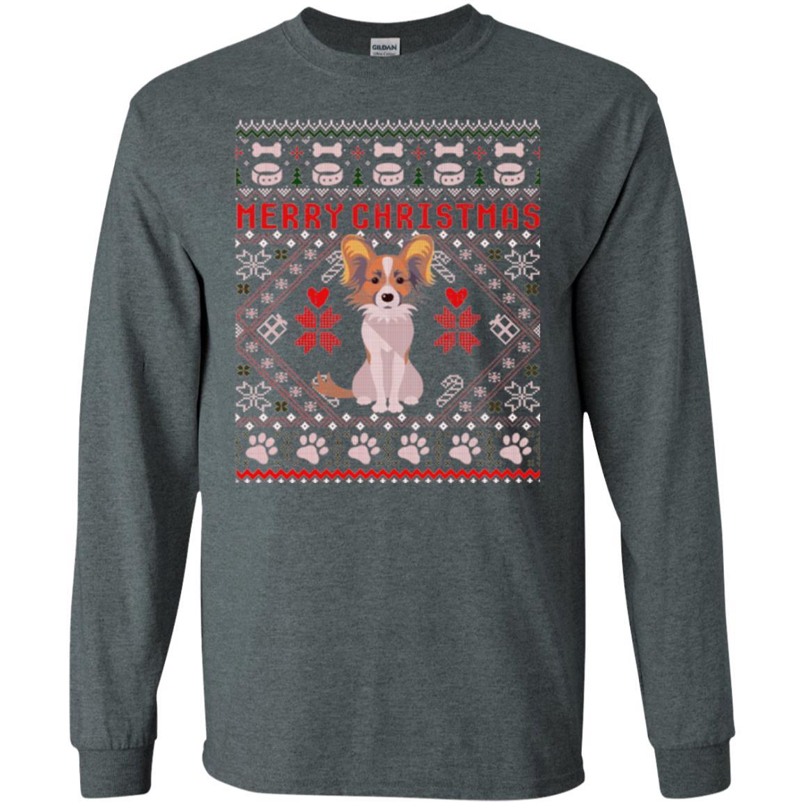 Dog Lover T-shirt Papillon Dog Merry Christmas Dark Heather