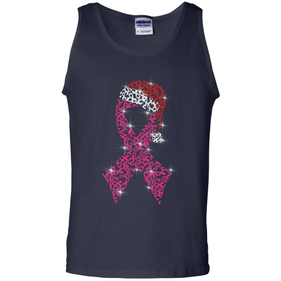 Pink Ribbon With Santa Hat Breast Cancer Awareness X-mas Gift Shirt Navy