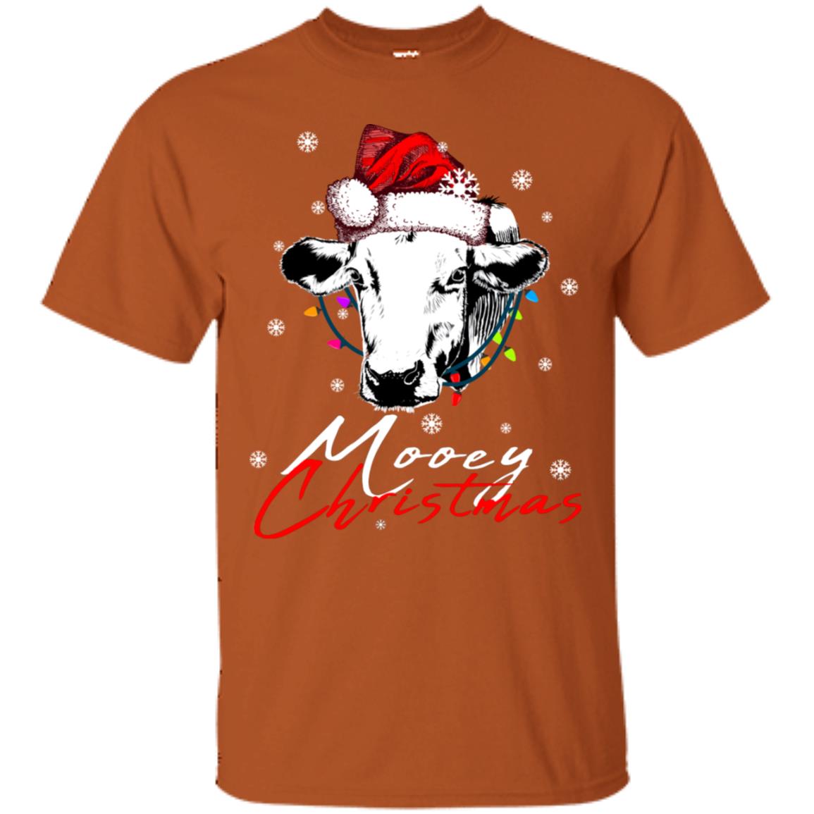 Mooey Merry Christmas X-mas Cow With Santa Hat And Lights Gift Shirt Texas Orange