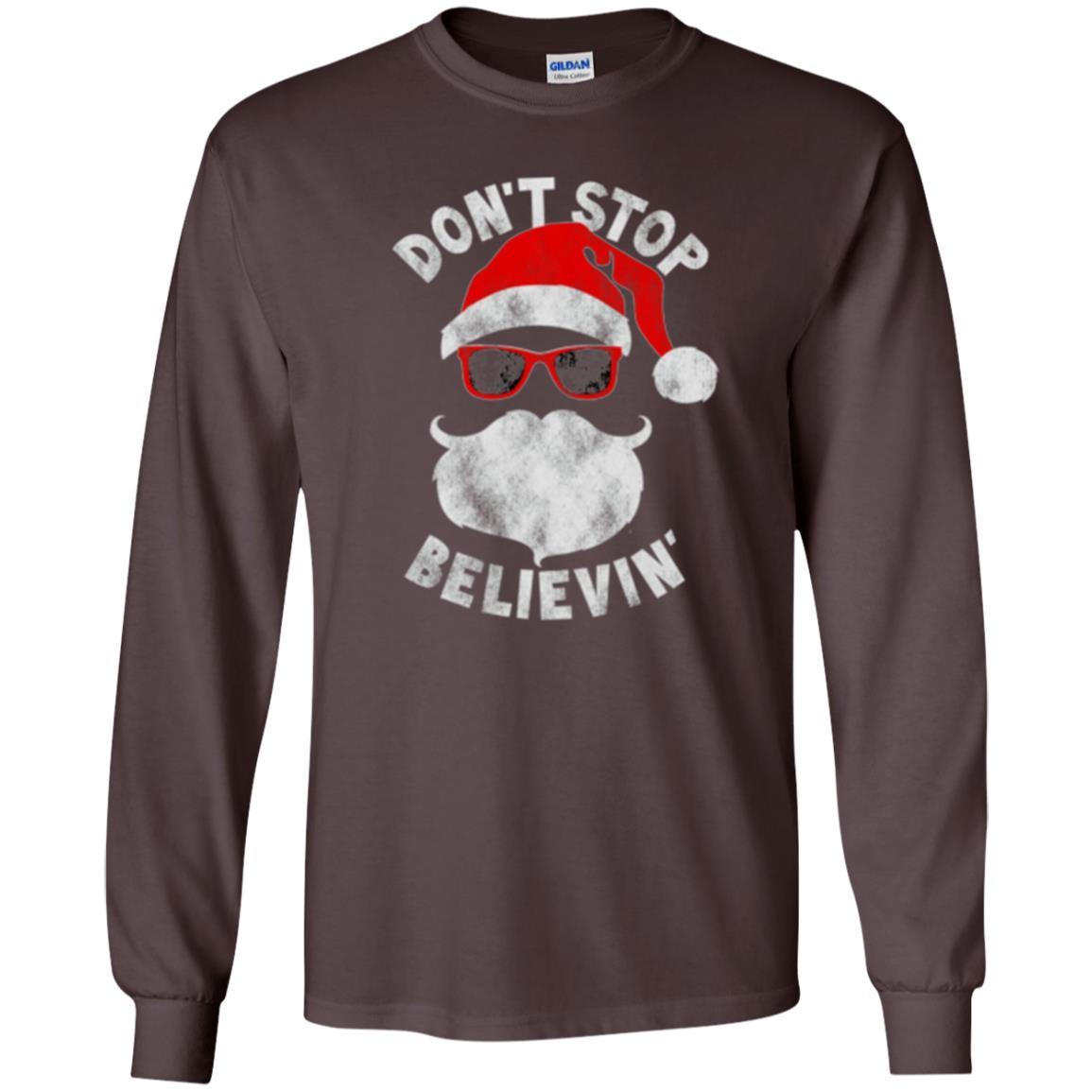 Christmas T-shirt Don't Stop Believing Cool Shades Santa Dark Chocolate