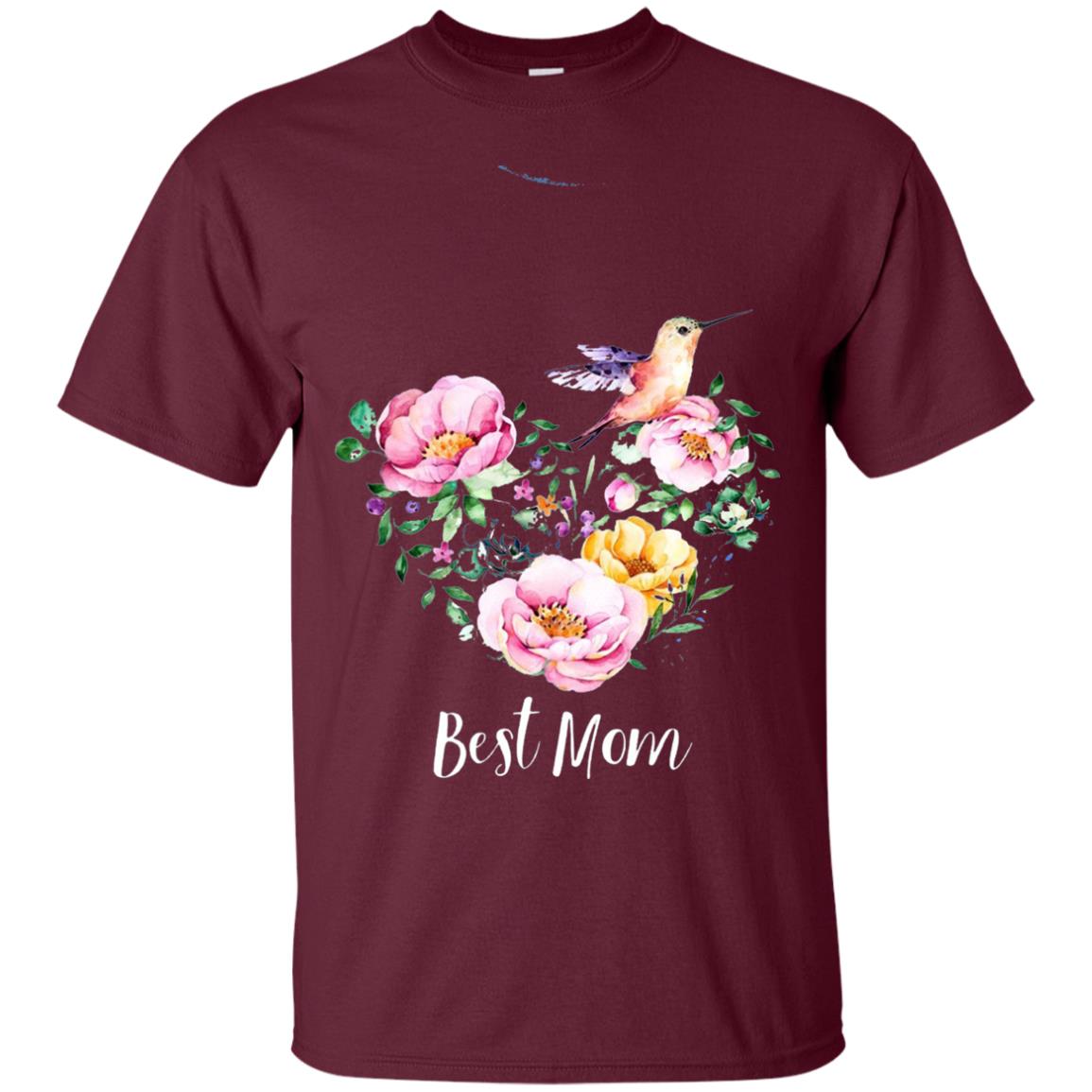 Best Mom Hummingbird Flower Heart Mommy Shirt Maroon