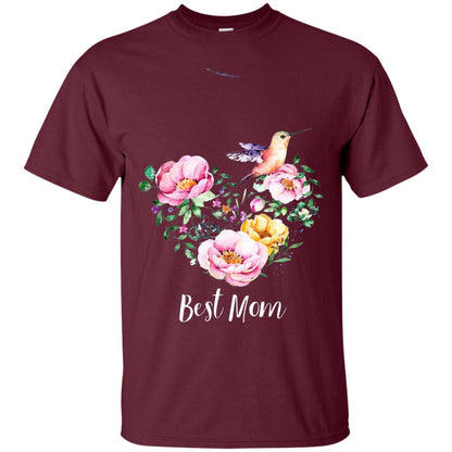 Best Mom Hummingbird Flower Heart Mommy Shirt Maroon