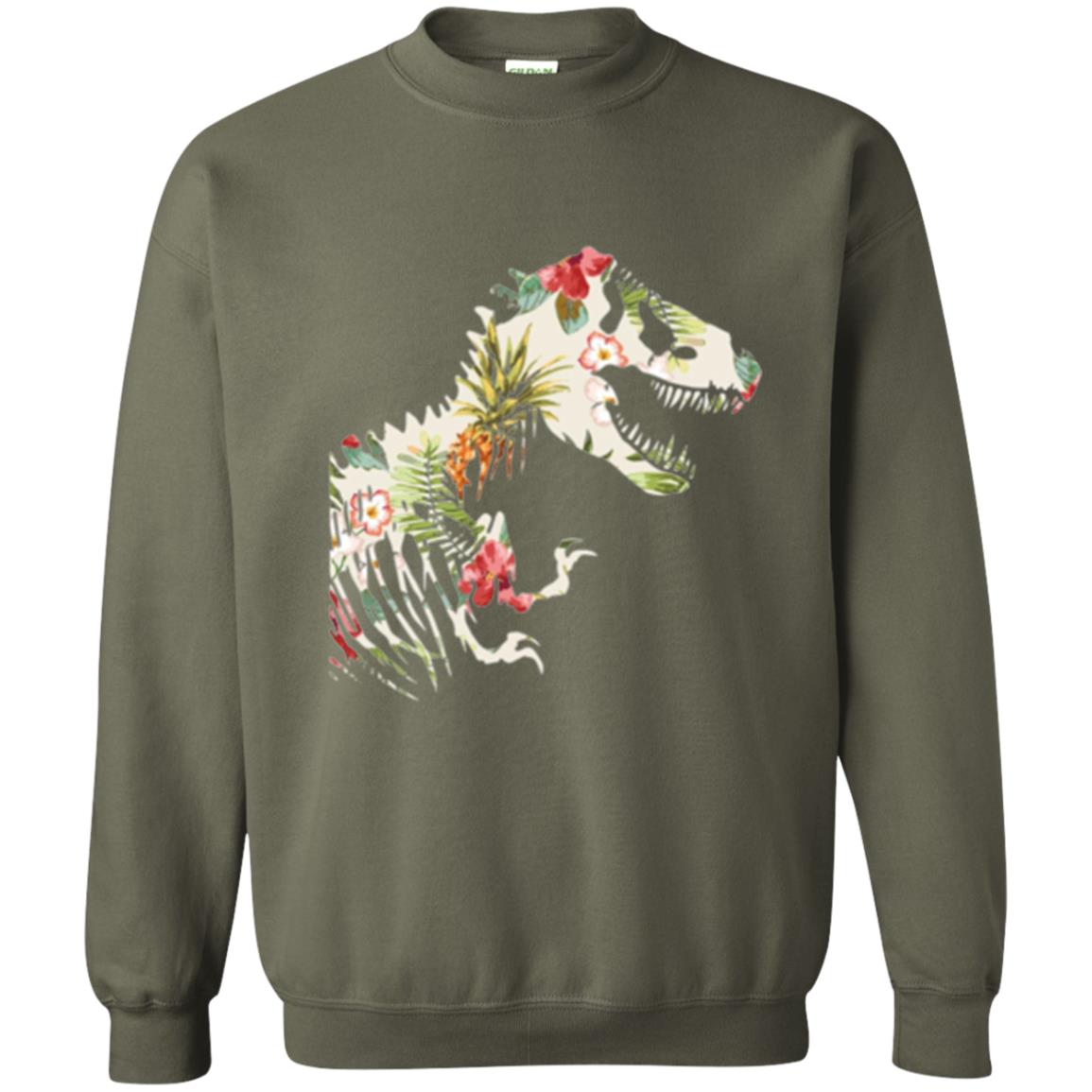 Dinosaur T-shirt Floral Tropical Hawaiian Pattern T Rex Military Green