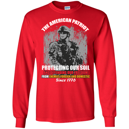 Military T-Shirt The American Patriot Protecting Our Soil And Defending Our Freedom From Enemies Foreign And Domestic Since 1776 Red