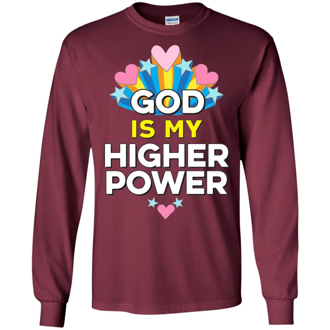 Funny Christian T-shirt God Is My Higher Power Hearts Stars Maroon
