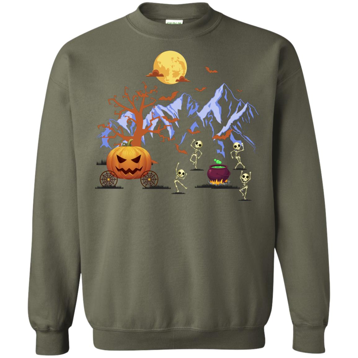 Dancing Skeleton With Pumpkin Funny Halloween Gift Shirt Military Green
