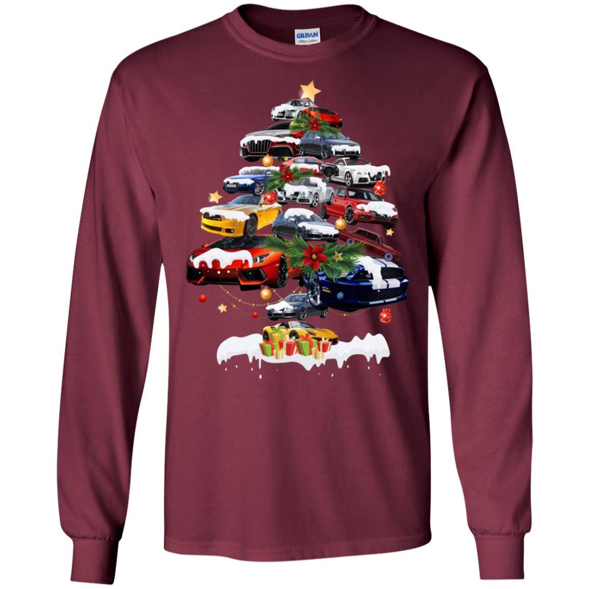 Cars Christmas Tree X-mas Gift Shirt For Mens Or Womens Maroon