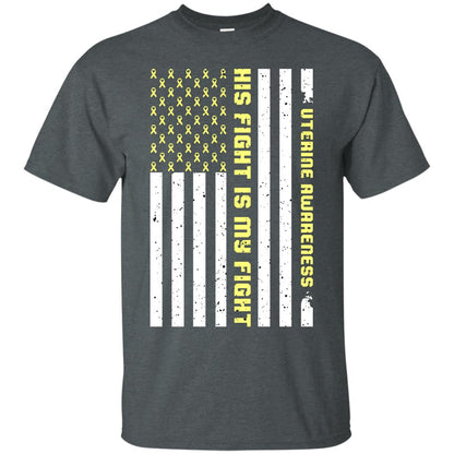 Uterine Awareness His Fight Is My Fight Peach Ribbon Stars Flag Of Usa Shirt Dark Heather