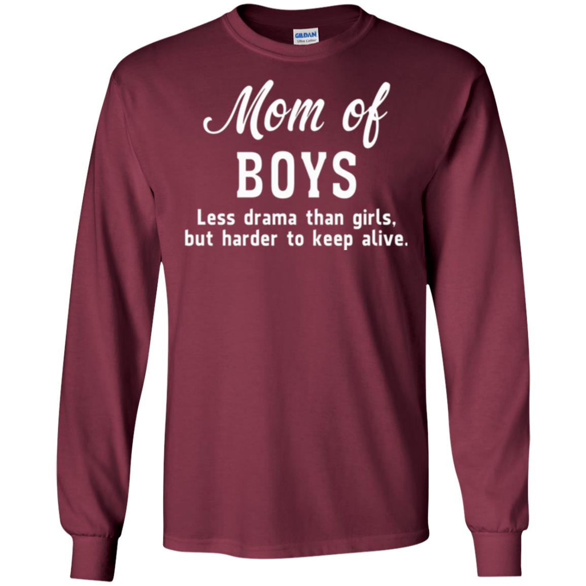 Mom Of Boys Less Drama Than Girls But Harder To Keep Alive T-shirt Mothers Day Maroon