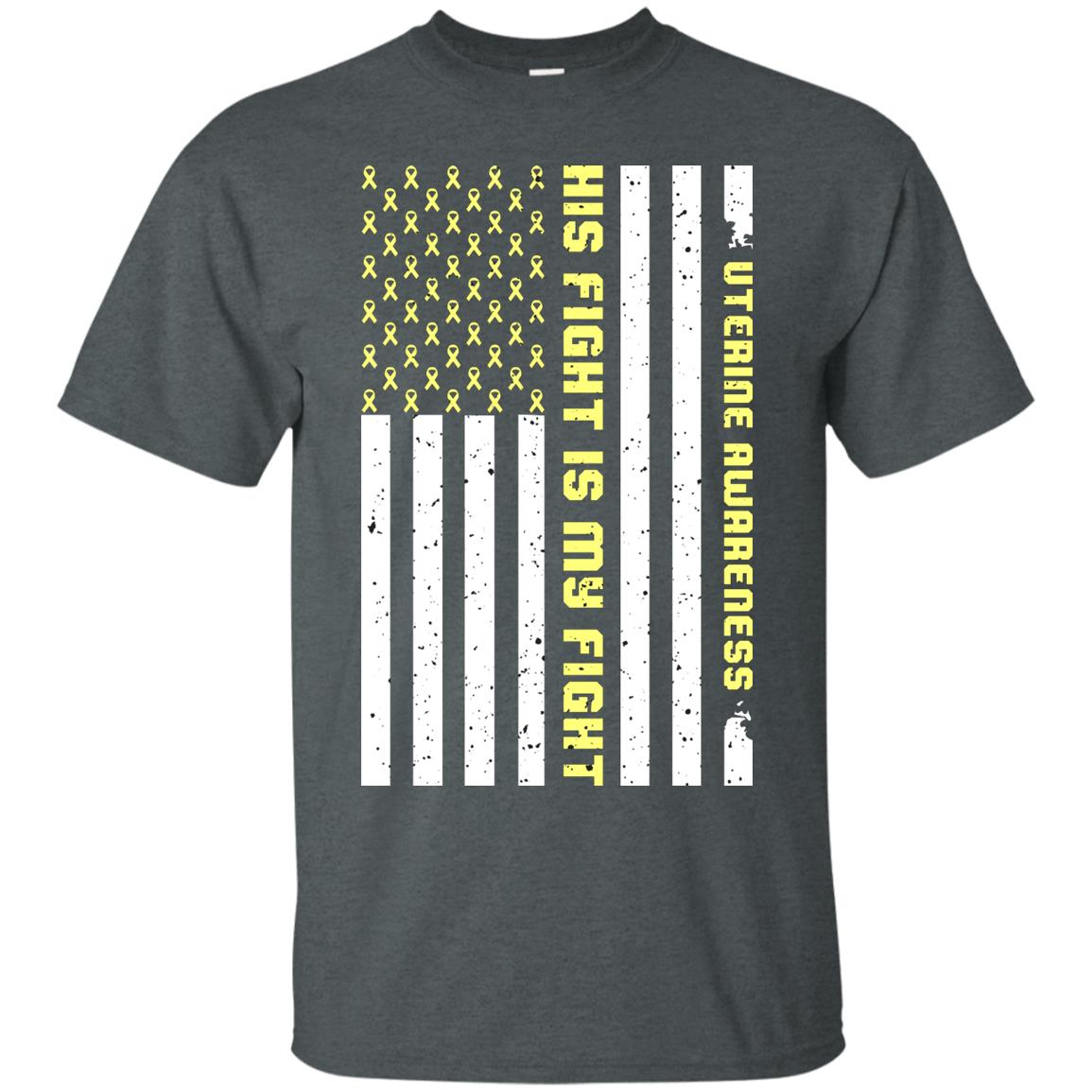 Uterine Awareness His Fight Is My Fight Peach Ribbon Stars Flag Of Usa Shirt Dark Heather