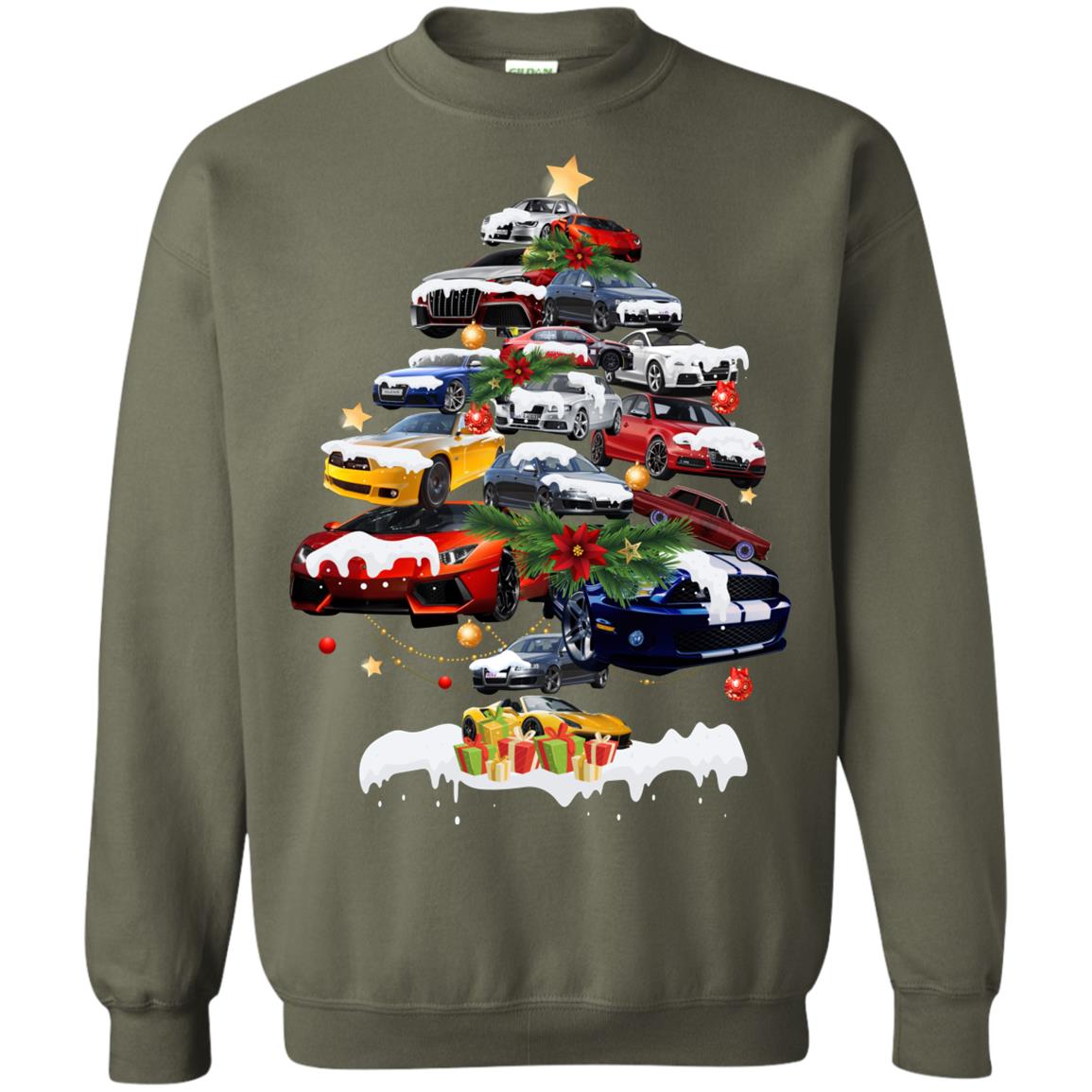 Cars Christmas Tree X-mas Gift Shirt For Mens Or Womens Military Green
